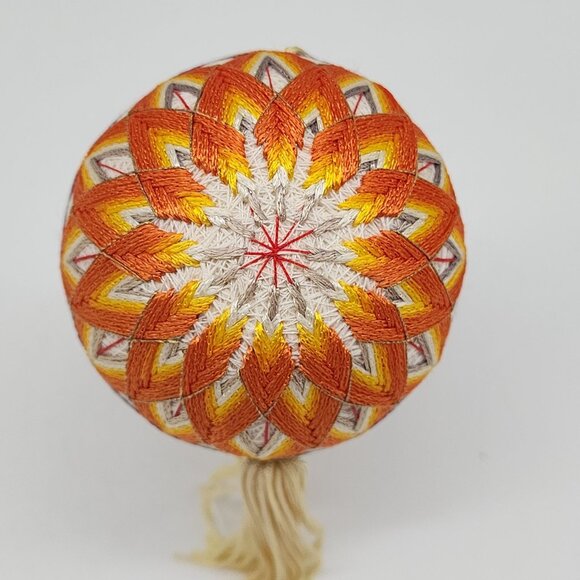 Japanese Temari Embroidered Hanging Ball Geometric Pattern Orange Yellow Tassel - Picture 3 of 6